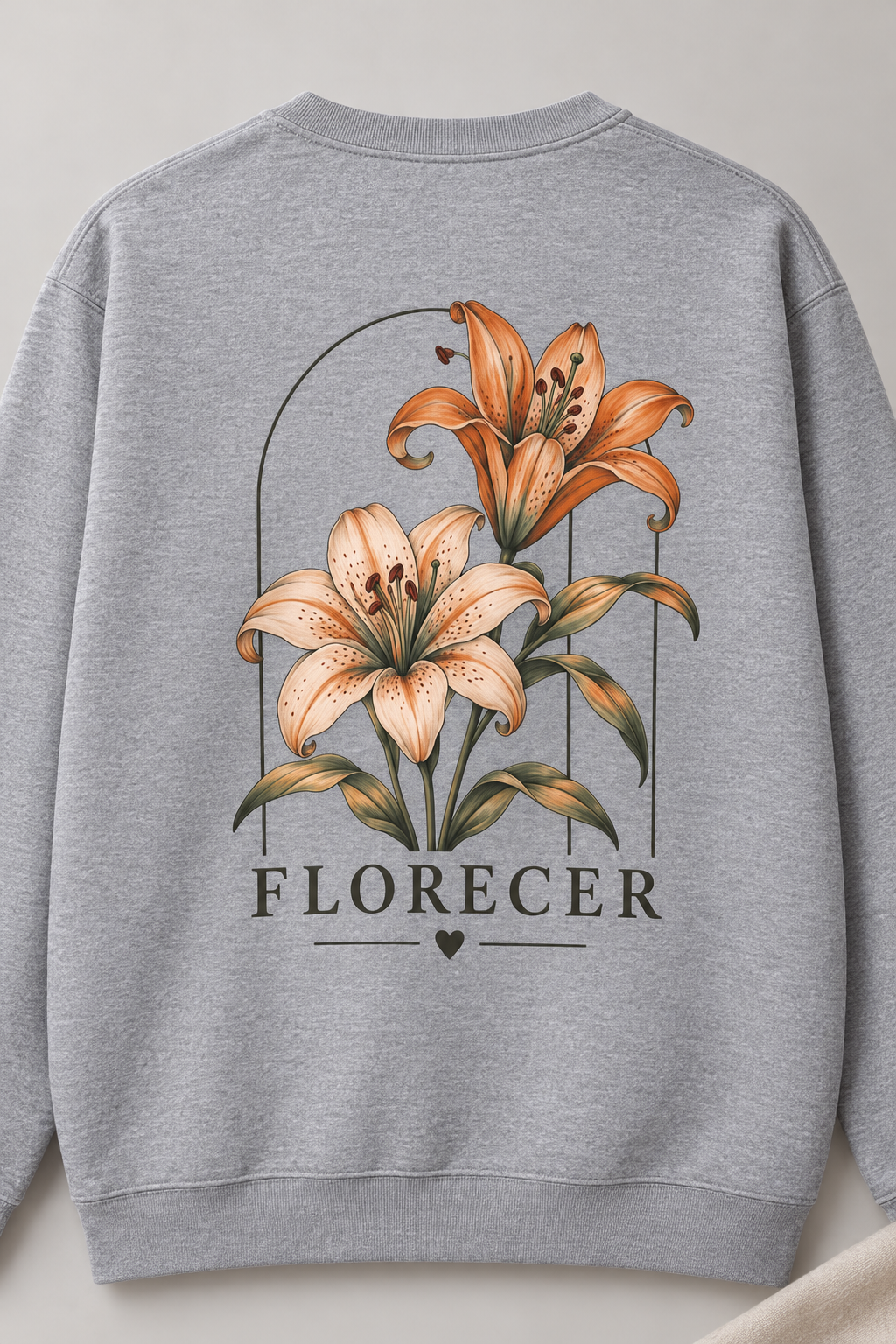 A heather gray crewneck sweatshirt featuring a large graphic print of two lilies under an arch, with the word 'FLORECER' printed below in black.