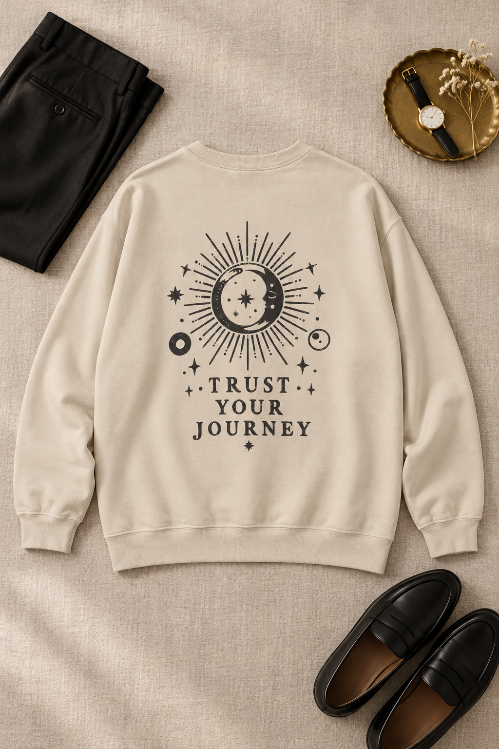 An off-white crewneck sweatshirt with a black celestial graphic and the text 'TRUST YOUR JOURNEY' on the front, styled in a flat lay with black pants, black loafers, and a watch on a textured beige fabric background.