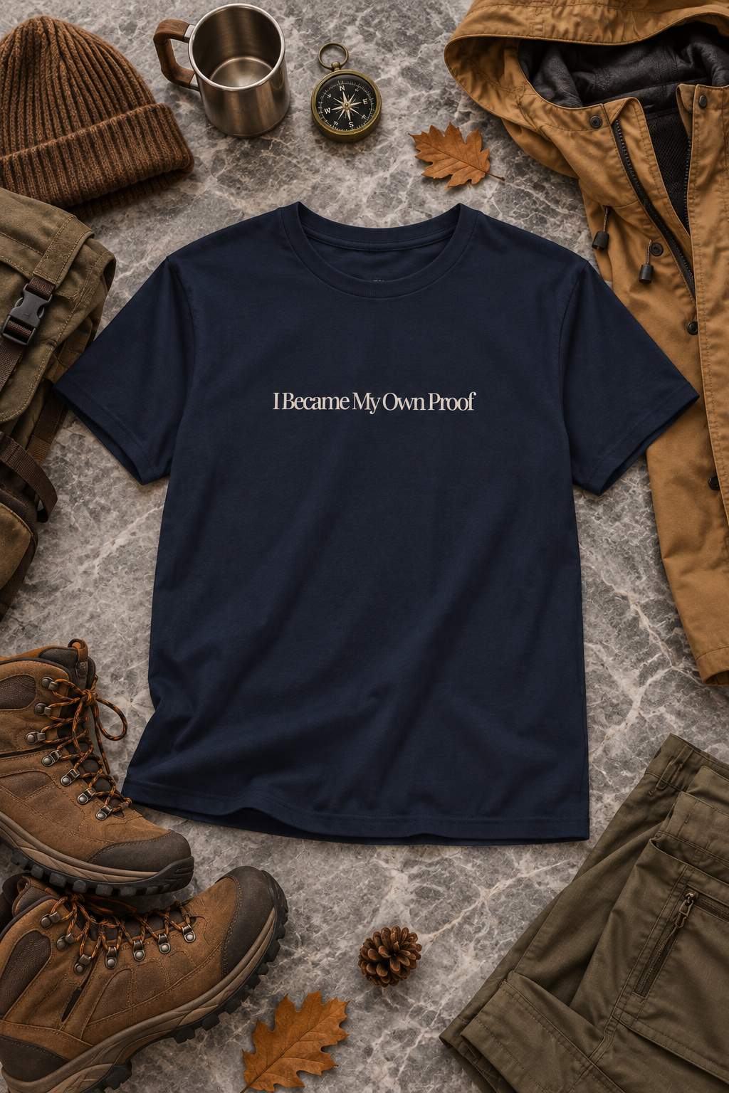 A navy blue crewneck t-shirt with the phrase 'I Became My Own Proof' printed in cream serif text across the chest. The shirt is presented in a styled flat-lay arrangement on a gray stone-textured background, surrounded by outdoor and camping-themed props including brown hiking boots, a tan jacket, a brown beanie, a metal mug, a compass, and autumn leaves.