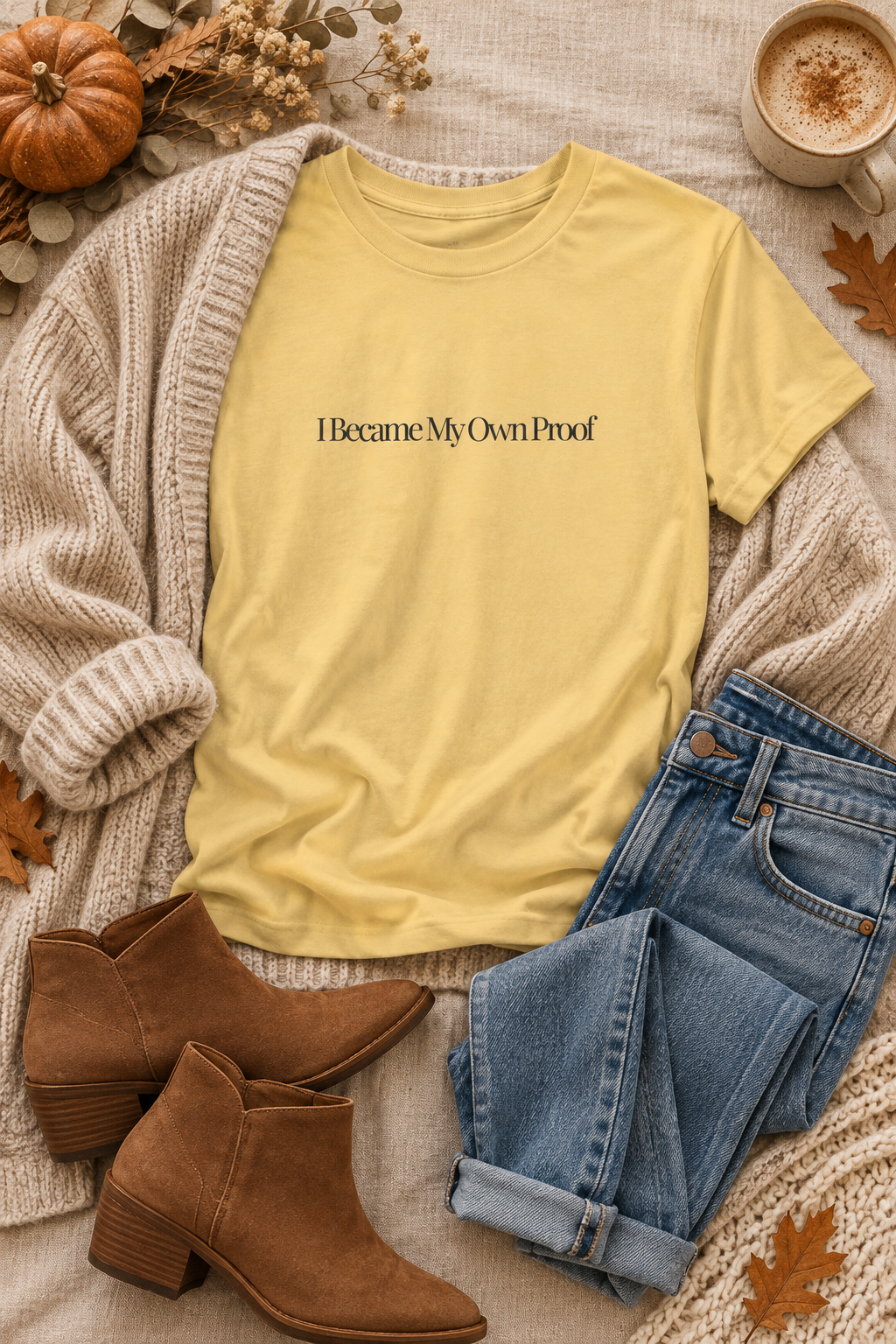 A pale yellow graphic T-shirt laid flat with the phrase 'I Became My Own Proof' printed in charcoal across the chest. The shirt is styled in an autumn flat lay with a cream knit cardigan, blue jeans, brown ankle boots, dried leaves, a small pumpkin, and a cup of coffee on a beige fabric background.