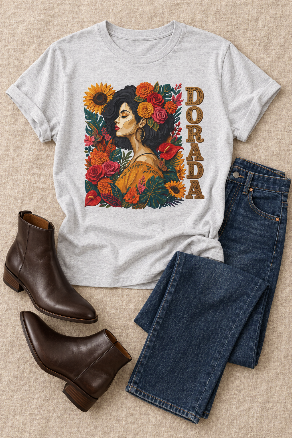 Dorada Graphic Tee: Floral Latina Portrait