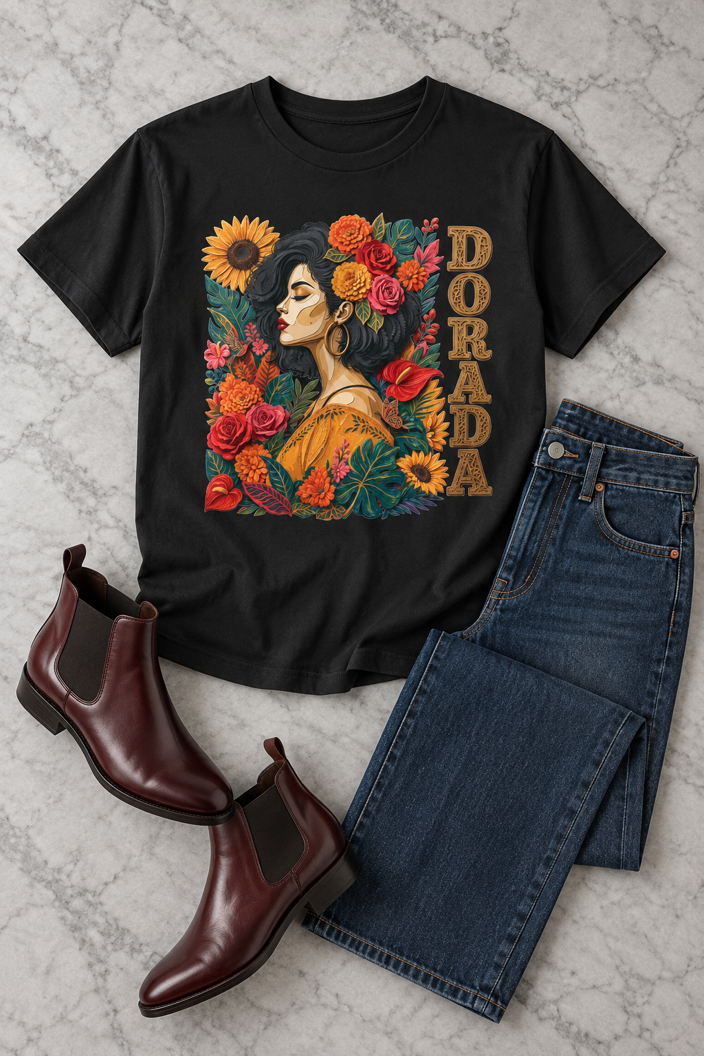 Dorada Graphic Tee: Floral Latina Portrait
