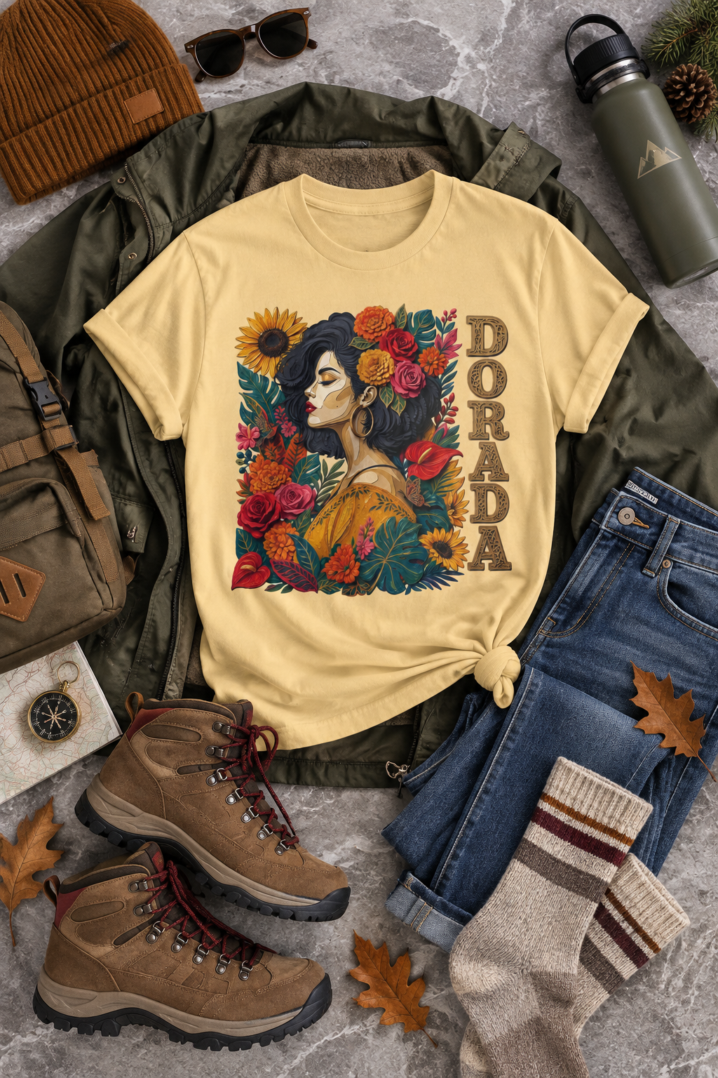 Dorada Graphic Tee: Floral Latina Portrait