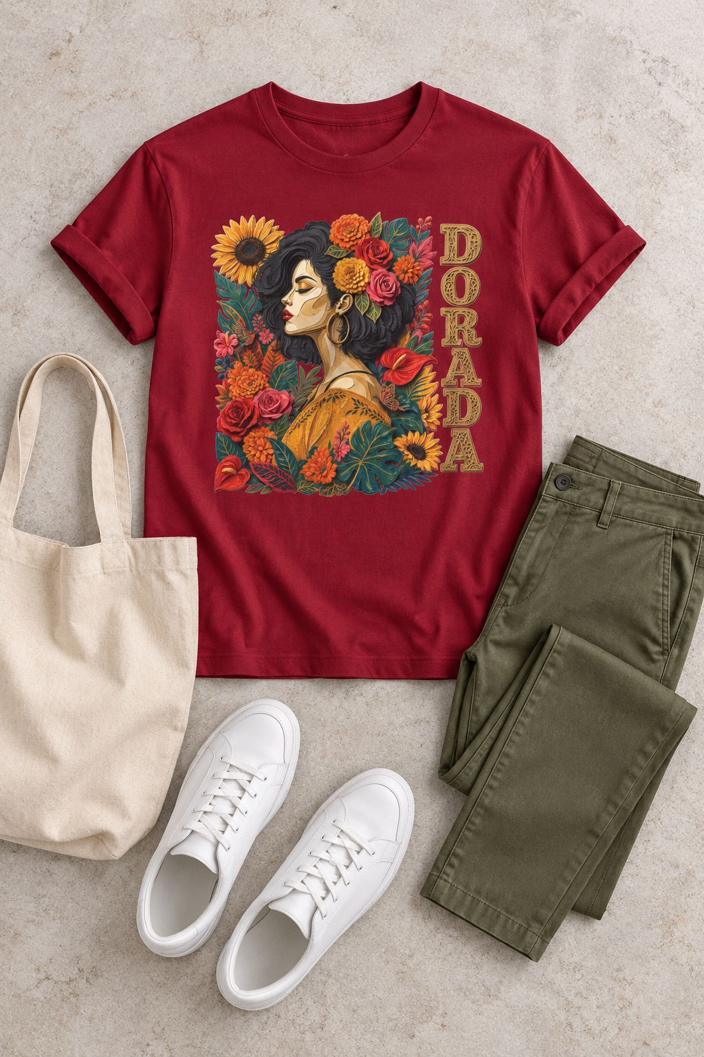 Dorada Graphic Tee: Floral Latina Portrait