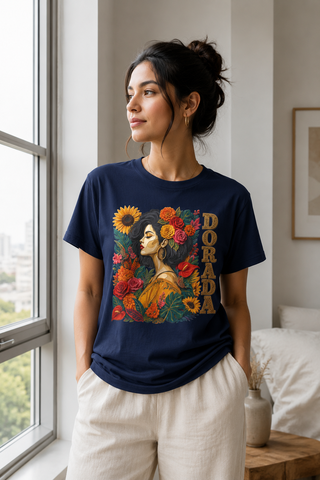 Dorada Graphic Tee: Floral Latina Portrait