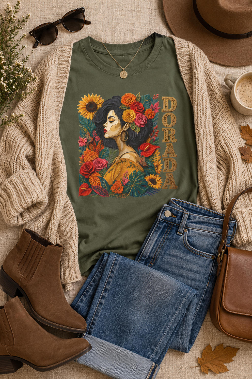 Dorada Graphic Tee: Floral Latina Portrait