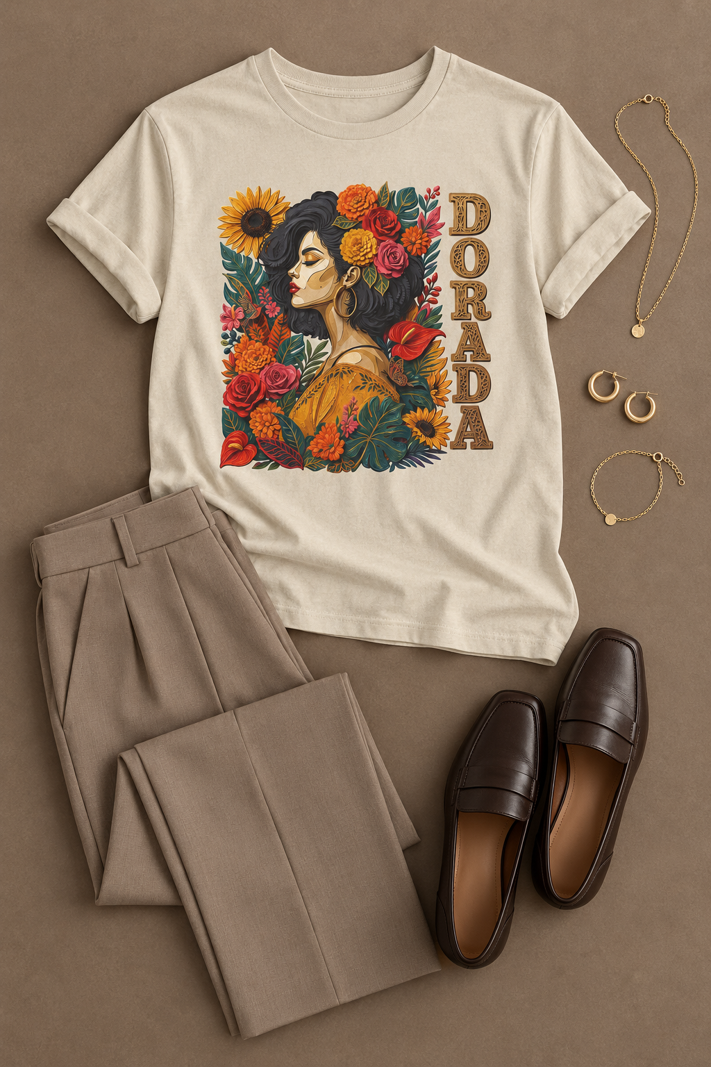 Dorada Graphic Tee: Floral Latina Portrait