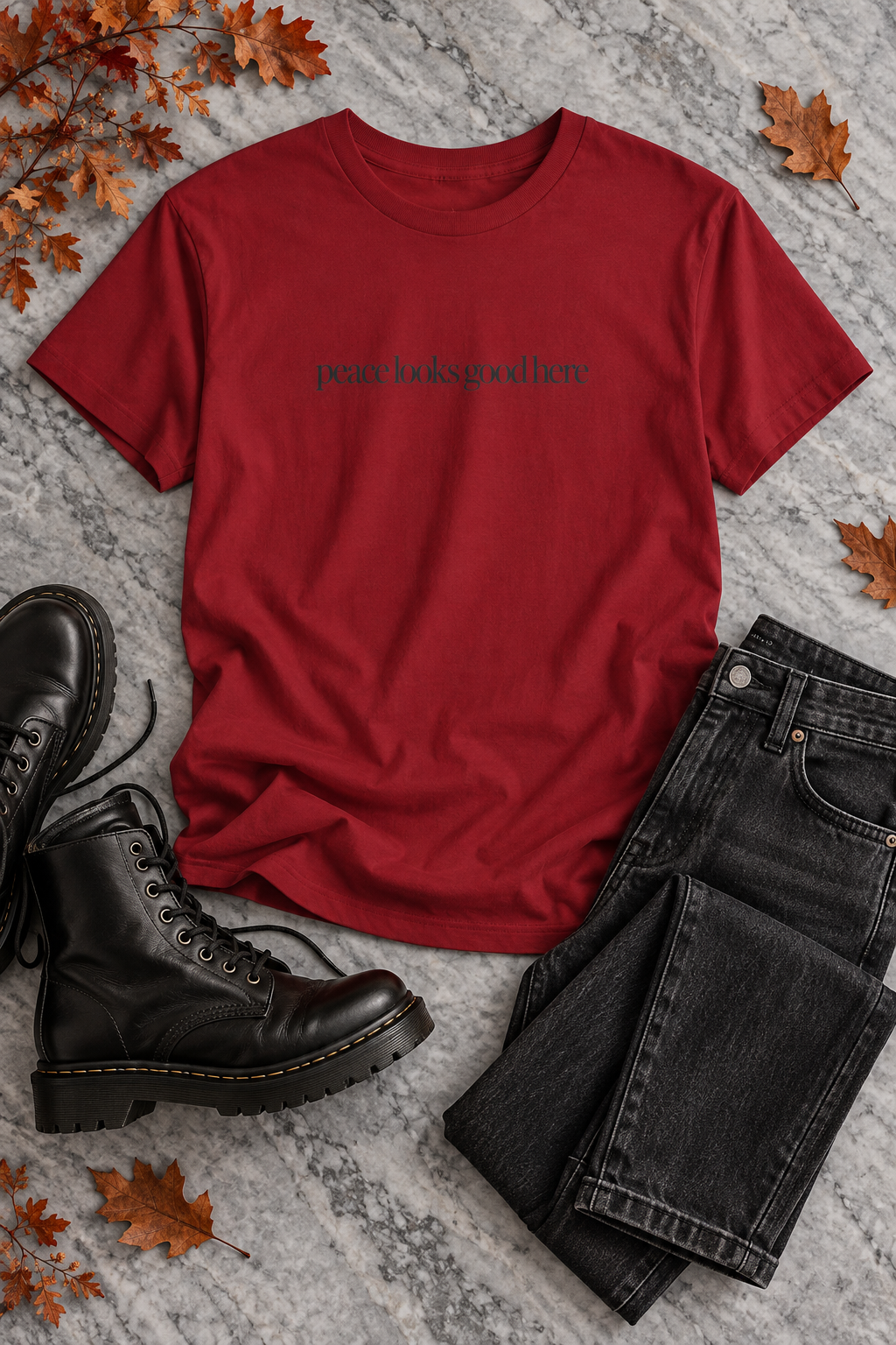 Peace Quote Shirt, Peace Looks Good Here, Minimalist Unisex Cotton Tee