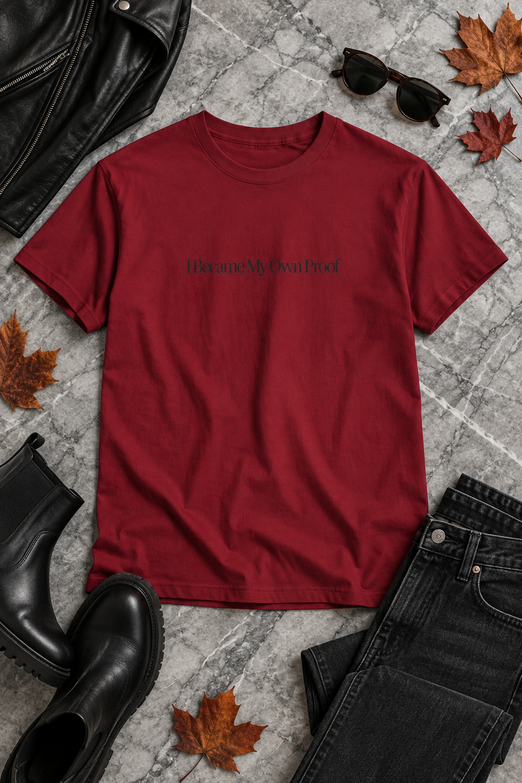 A red short-sleeve crewneck t-shirt with the text 'I Became My Own Proof' printed in charcoal across the chest. The shirt is displayed in a flat-lay arrangement on a gray marble background, surrounded by black leather boots, a black leather jacket, black jeans, and brown autumn leaves.
