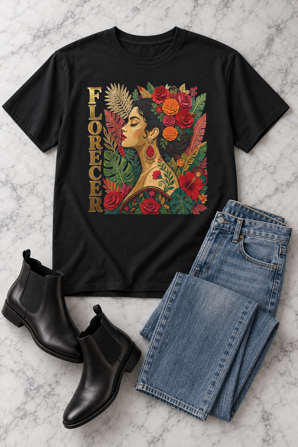 Florecer Graphic Tee: Floral Latina Portrait