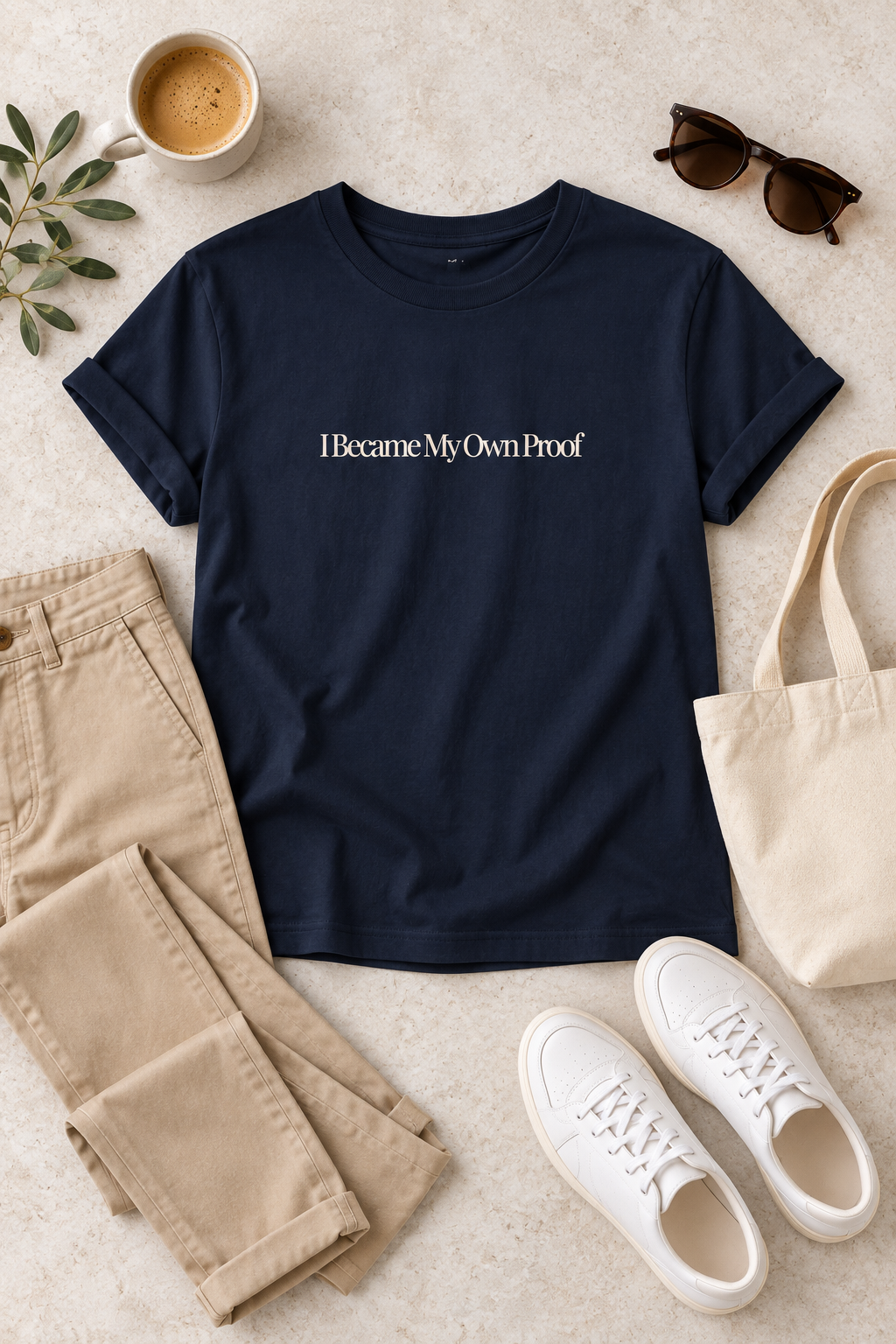 A navy blue crewneck t-shirt with the text 'I Became My Own Proof' printed in white serif font across the chest. The shirt is styled in a flat-lay arrangement on a light beige textured background, surrounded by beige pants, white sneakers, a canvas tote bag, sunglasses, a coffee cup, and a small green leafy sprig.
