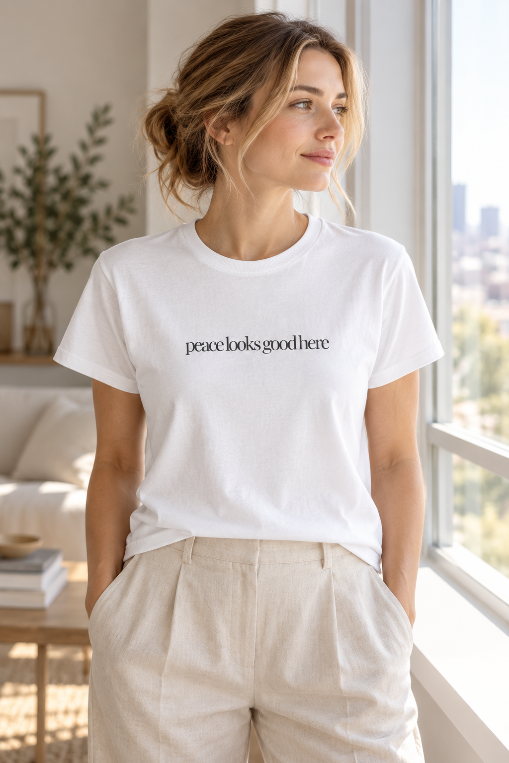 Peace Quote Shirt, Peace Looks Good Here, Minimalist Unisex Cotton Tee