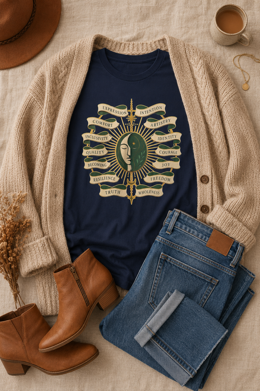Personal Growth Graphic Tee: Celestial Face and Becoming Words