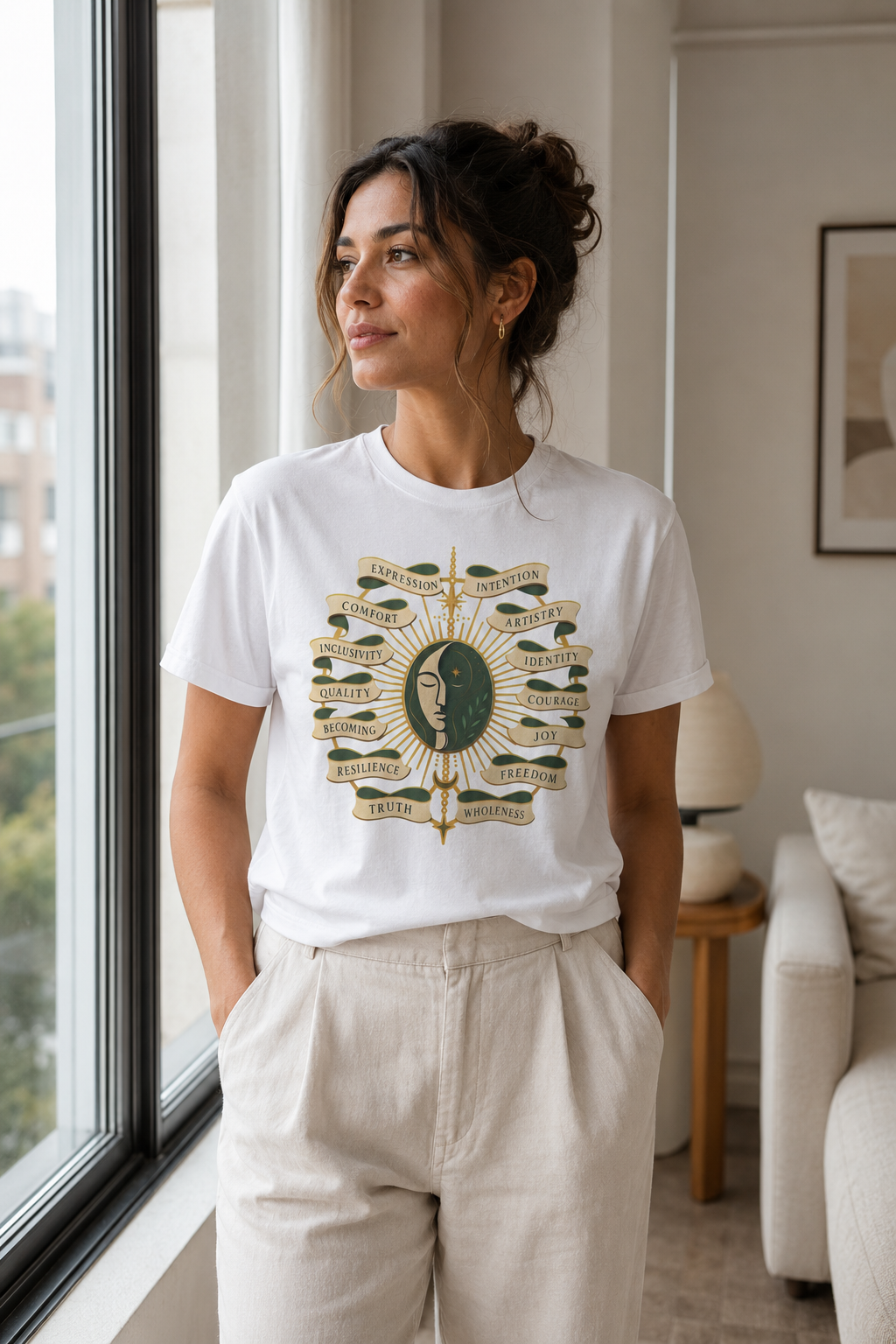 Personal Growth Graphic Tee: Celestial Face and Becoming Words