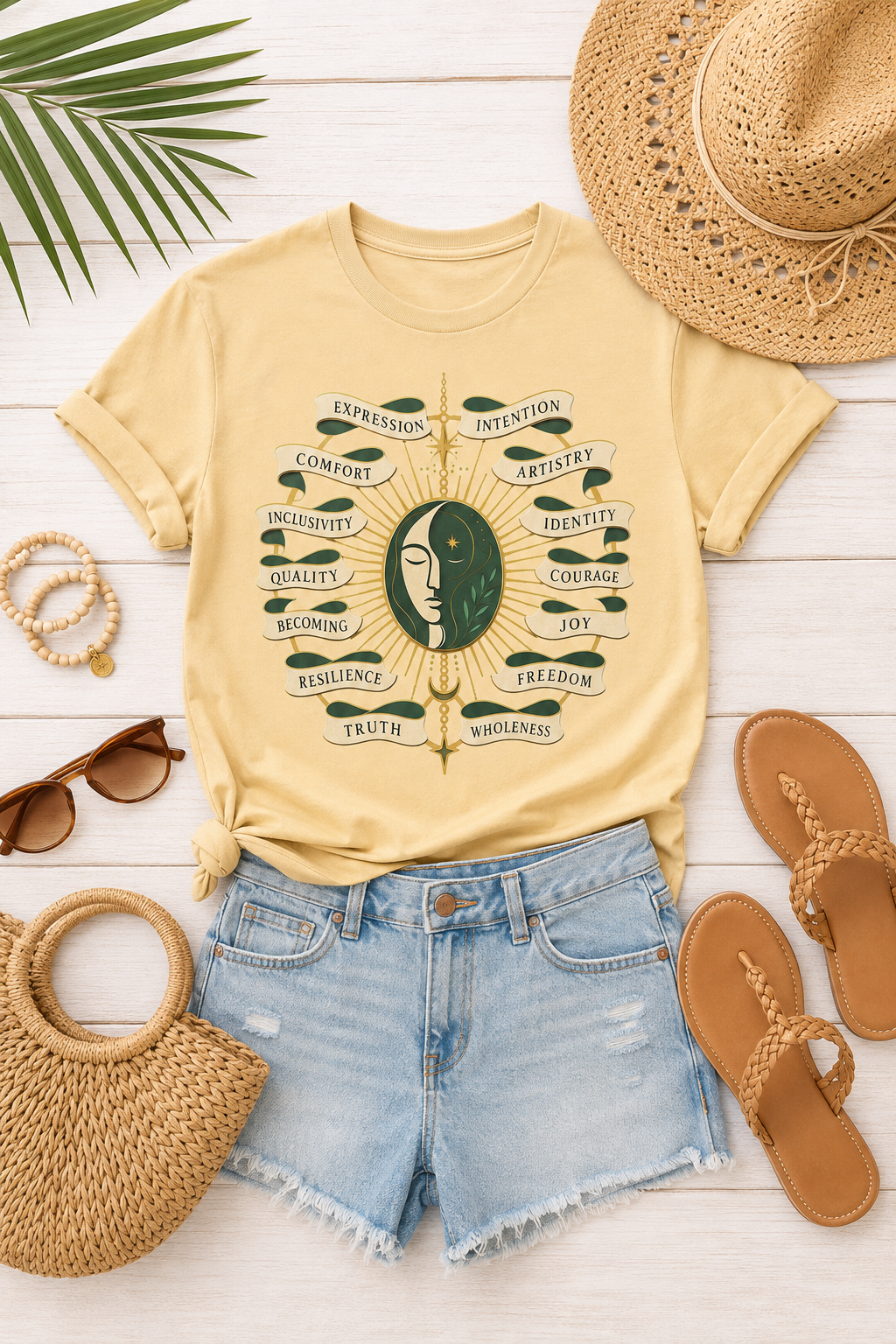 Personal Growth Graphic Tee: Celestial Face and Becoming Words