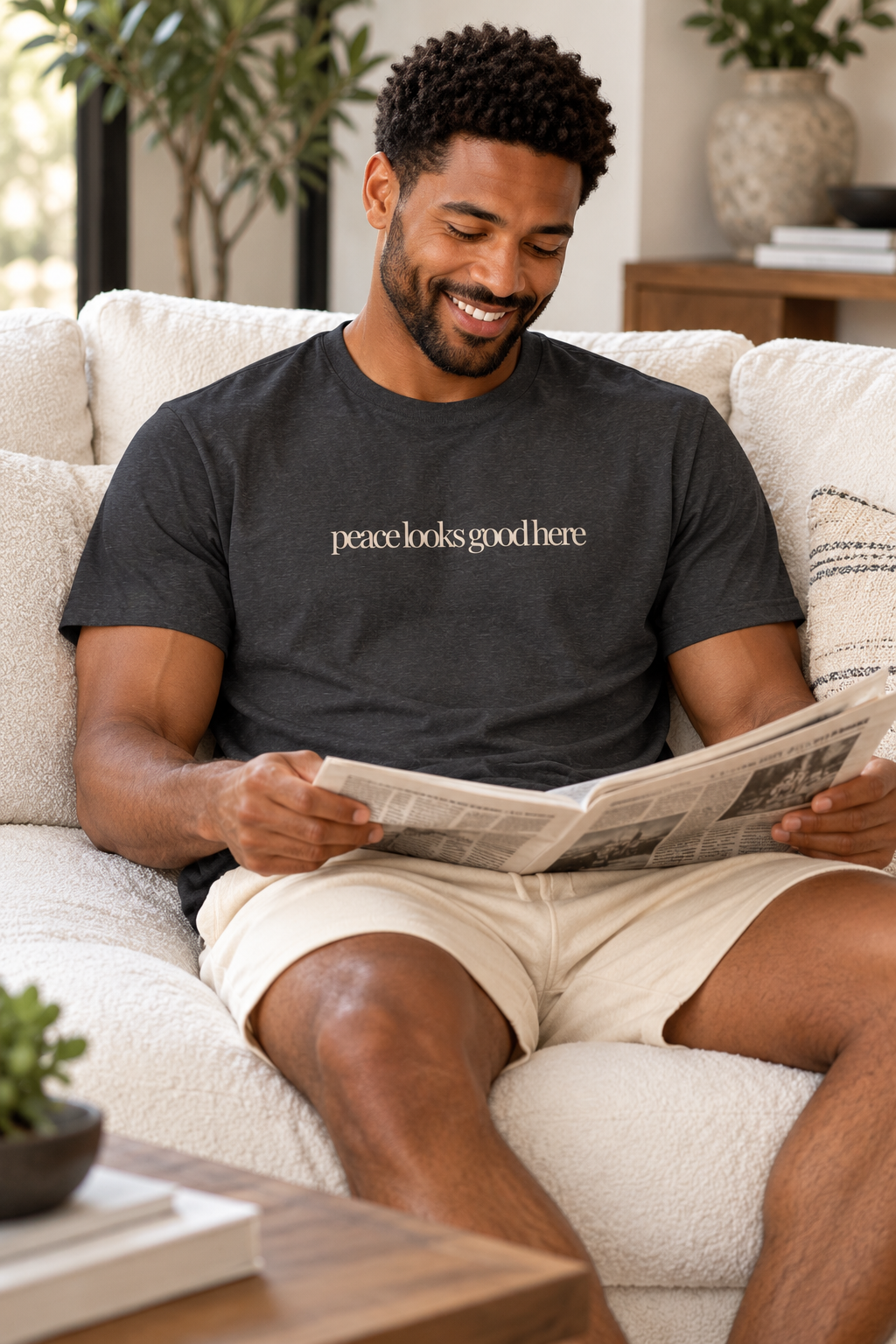 Peace Quote Shirt, Peace Looks Good Here, Minimalist Unisex Cotton Tee