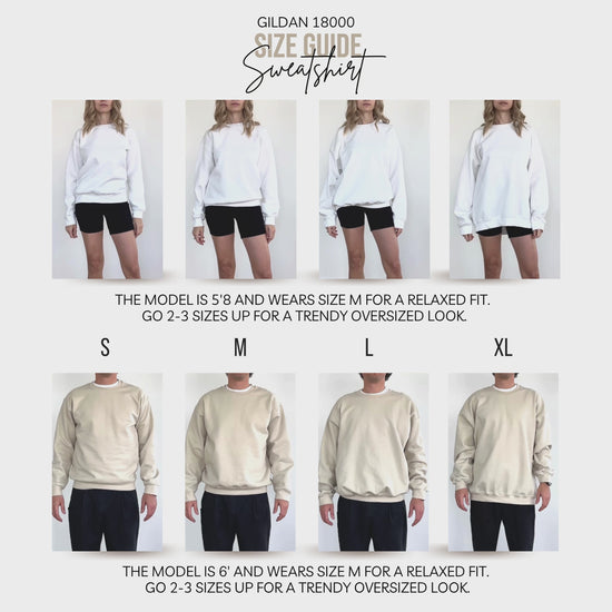 Video size guide for Gildan 18000 sweatshirt, women and men models.