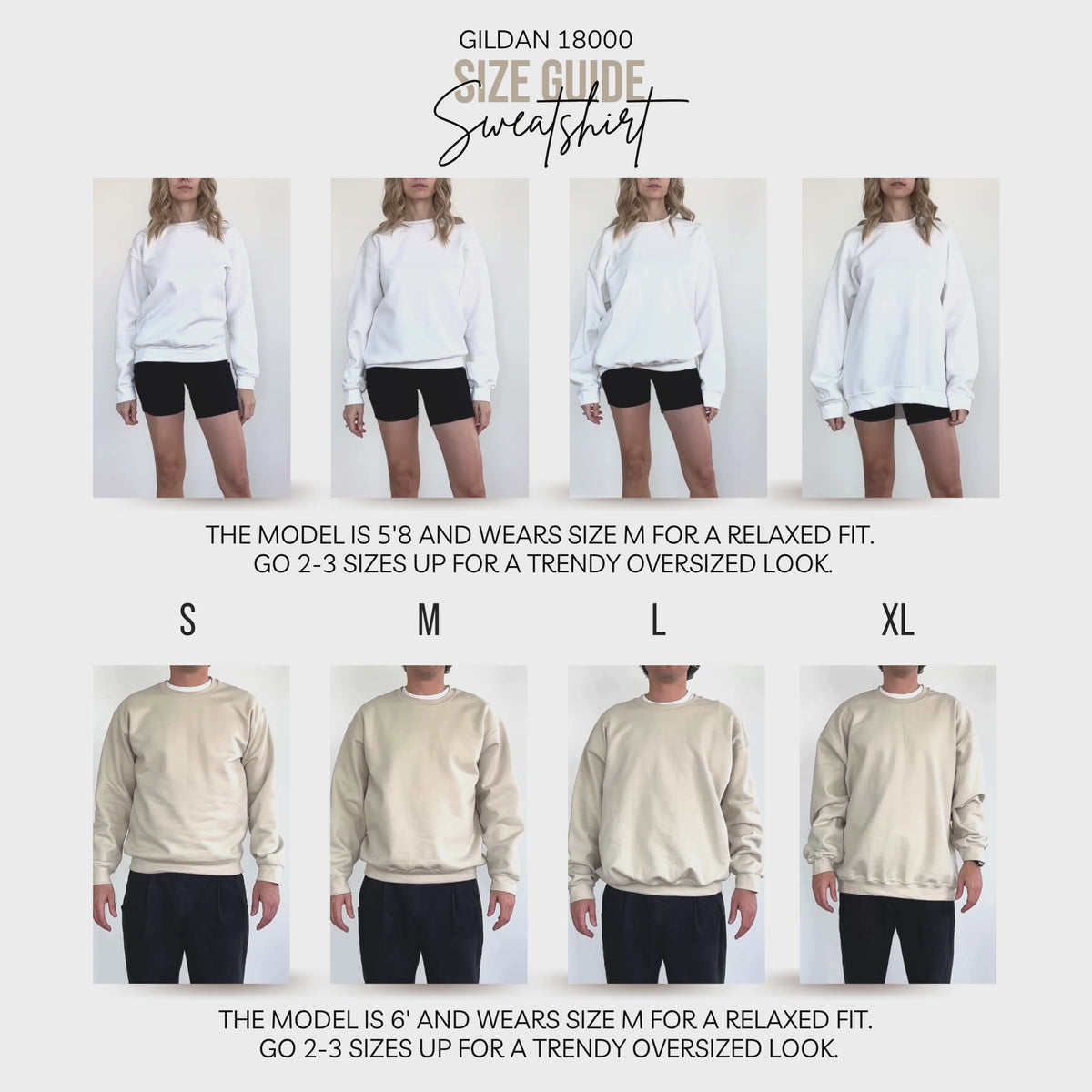 Video size guide for Gildan 18000 sweatshirt, women and men models.