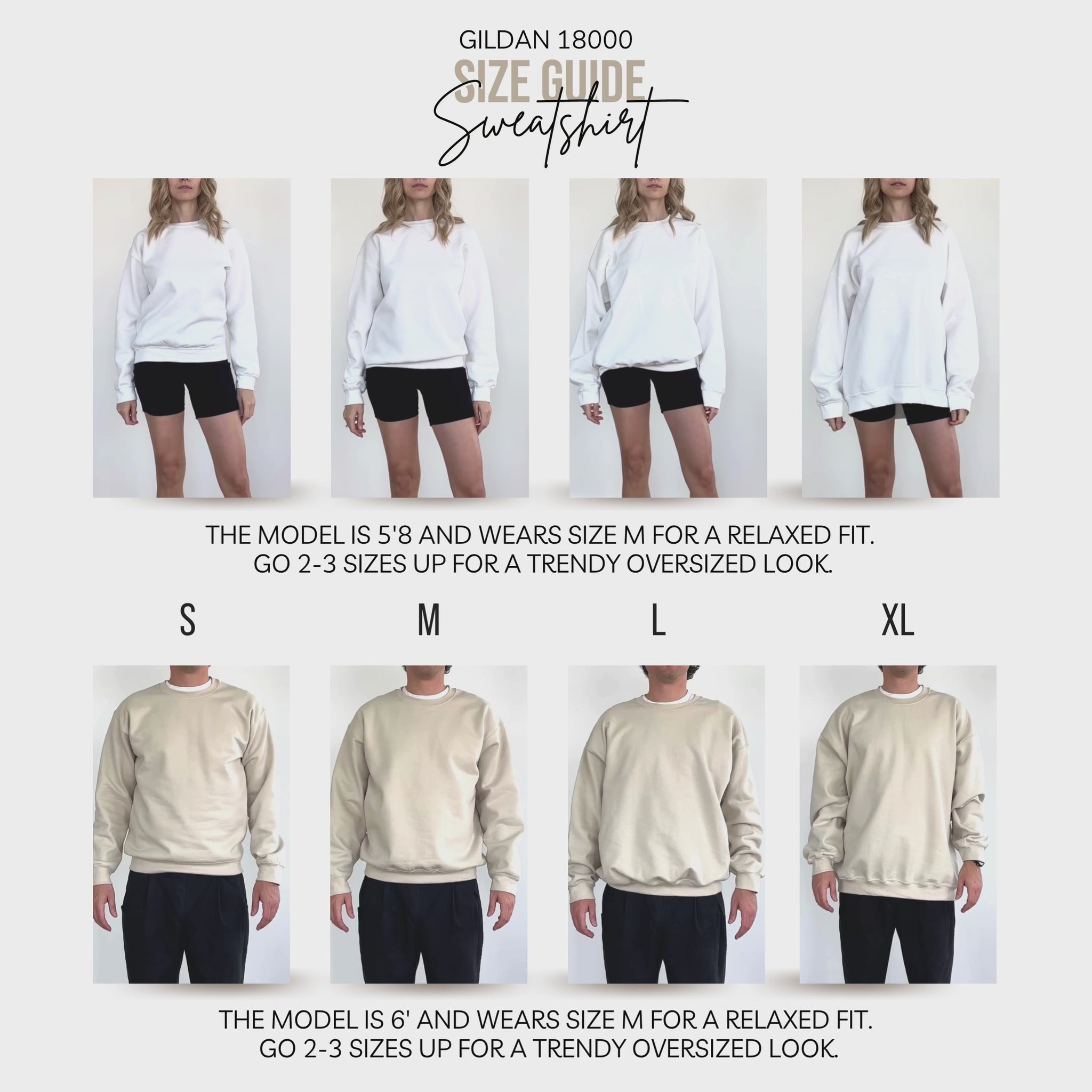 Video size guide for Gildan 18000 sweatshirt, women and men models.